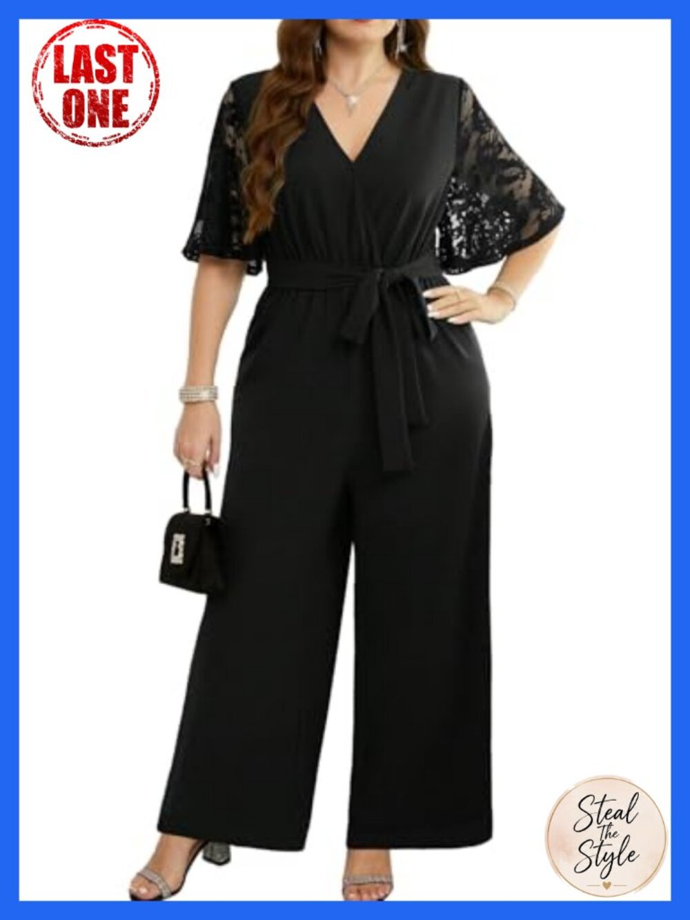 Plus Size Wide Leg Long Jumpsuit with Pockets Lace Sleeves V Neck